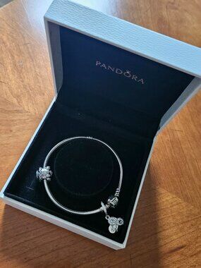 PANDORA SILVER BRACELET with ROUND BARREL CLASP and BIRTHDAY & FRIENDSHIP CHARMS
